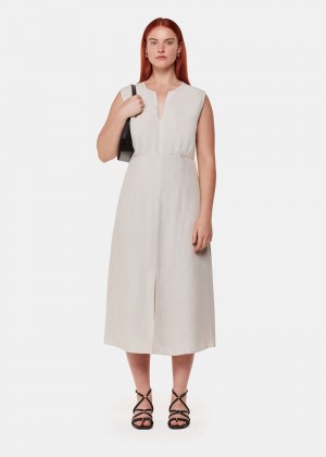 Whistles Abbie Linen Blend Midi Dress Neutral | US-80157USXW