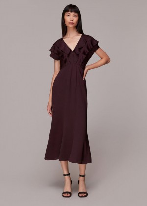 Whistles Adeline Frill Midi Dress Aubergine | US-42197SEIT