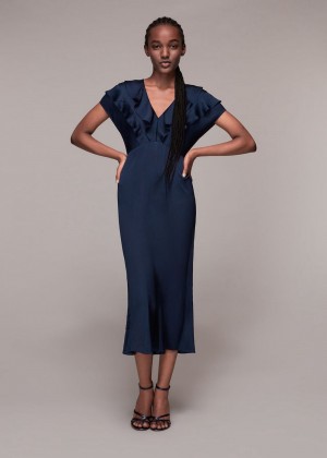 Whistles Adeline Frill Midi Dress Navy | US-25936GCEP