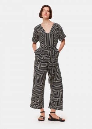 Whistles Angled Stripe Jumpsuit Black / White | US-27896UTLV