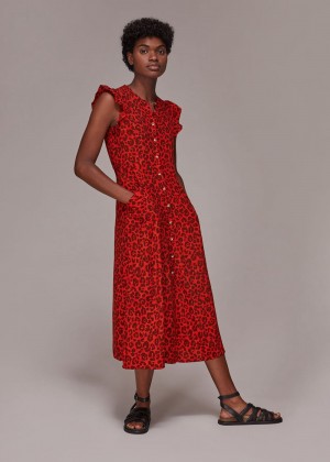 Whistles Animal Frill Sleeve Midi Dress Red / Multicolor | US-27368VMZO