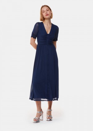 Whistles Anneliese Button Mesh Dress Navy | US-86275FUGK