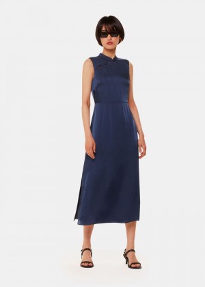 Whistles Aria Satin Midi Dress Navy | US-18672IJDO