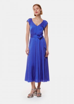 Whistles Arie Hammered Satin Midi Dress Deep Blue | US-45098XLGQ