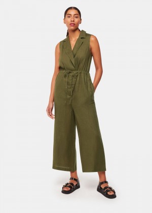 Whistles Bella Linen Wrap Jumpsuit Khaki | US-96342AGQI