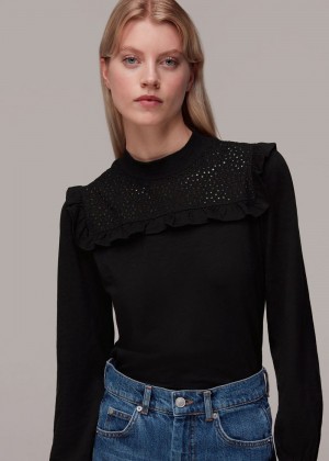 Whistles Broderie Yoke Frill Detail Top Black | US-89026FJPV