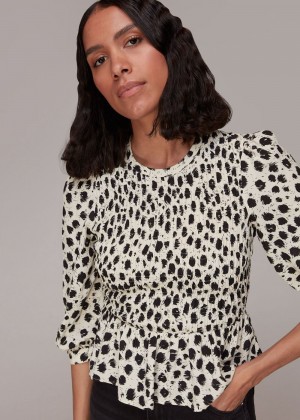 Whistles Brushed Dalmatian Shirred Top Black / White | US-38104DAUJ