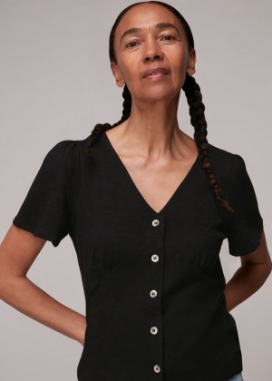 Whistles Button Front Frill Top Black | US-04187ZCAS