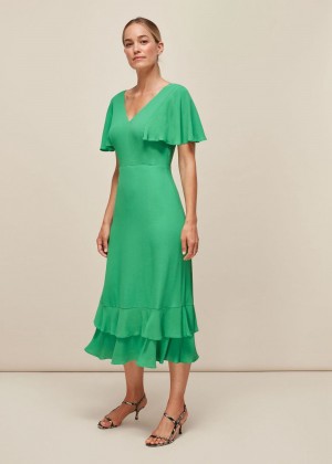 Whistles Cathy Frill Hem Dress Green | US-18735VDWP