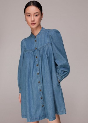 Whistles Chambray Denim Trapeze Dress Blue | US-75681XSVJ