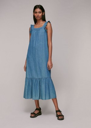 Whistles Chambray Trapeze Dress Blue | US-89763LXNW