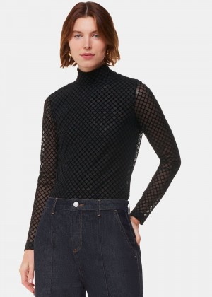 Whistles Checked Flocked Mesh Top Black | US-49835FRIT