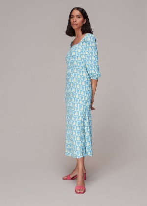 Whistles Checkerboard Shells Midi Dress Blue / Multicolor | US-40796FLNA