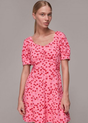 Whistles Cherry Floral Tie Waist Dress Pink / Multicolor | US-79206ONTY