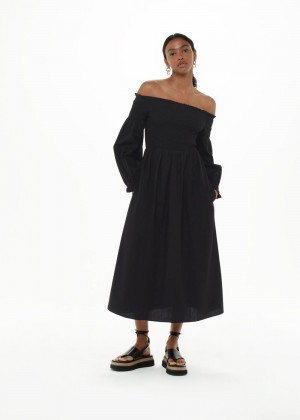 Whistles Clara Bardot Poplin Dress Black | US-93087OVZM