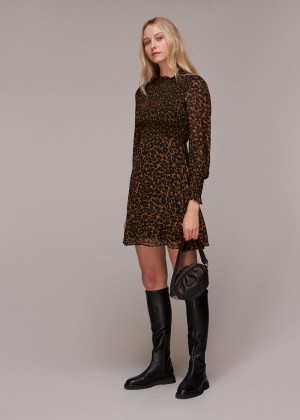 Whistles Classic Leopard Shirred Dress Leopard | US-28610SZBM