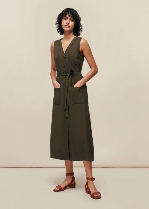 Whistles Cody Button Through Dress Khaki | US-76183EIWM