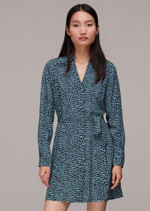 Whistles Contrast Leopard Belted Dress Blue / Multicolor | US-09134QAMB