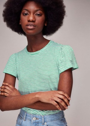 Whistles Cotton Frill Stripe T-Shirt Green / Multicolor | US-73592MYIP