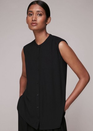 Whistles Crinkle Button Front Tank Top Black | US-74926GVJD