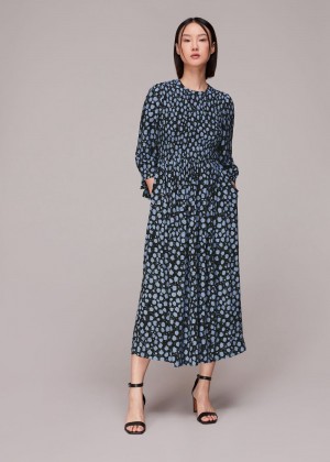 Whistles Dalmatian Shirred Midi Dress Blue / Multicolor | US-76280NQCD