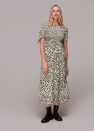 Whistles Dalmatian Shirred Midi Dress Black / White | US-49825VHIK