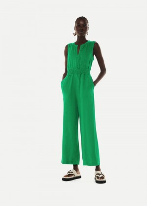 Whistles Danny Linen Jumpsuit Green | US-39652AWFT