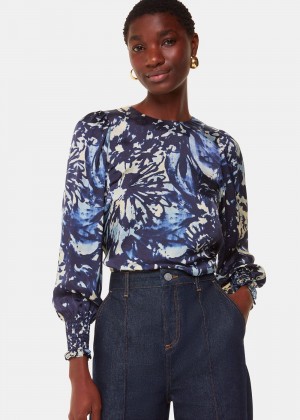 Whistles Dazzled Floral Satin Blouse Navy / Multicolor | US-17083CFLR