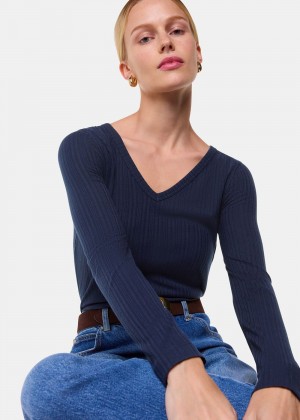 Whistles Diagonal Rib V Neck Top Navy | US-34208NHAT