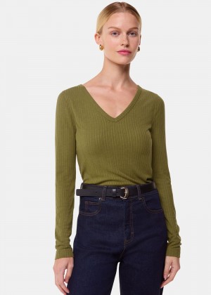 Whistles Diagonal Rib V Neck Top Olive | US-26583FAYZ