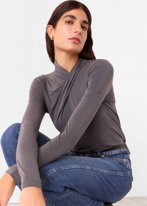 Whistles Drape Neck Jersey Top Grey | US-42519FUCY