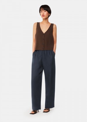 Whistles Elasticated Linen Pants Navy | US-26570DEBG