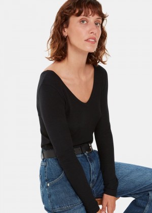 Whistles Essential Ribbed V Neck Top Black | US-94537OXBH