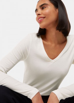 Whistles Essential Ribbed V Neck Top White | US-31590BAVD