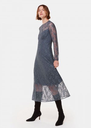 Whistles Fay Lace Long Sleeve Dress Grey | US-72634UHYT