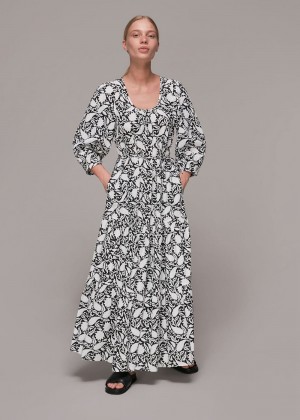 Whistles Floral Print Trapeze Dress Black / White | US-71892CMZE