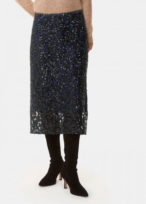 Whistles Floral Sequin Midi Skirts Black / Multicolor | US-67028PNWI