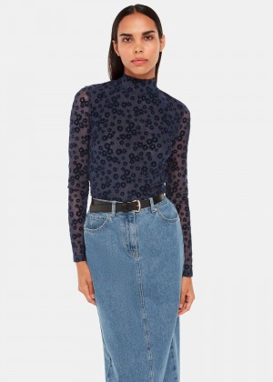 Whistles Flower Crew Neck Mesh Top Navy | US-79428LECU