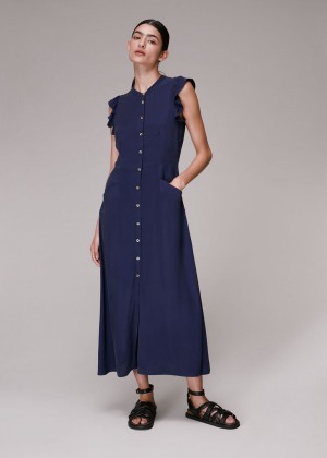 Whistles Frill Sleeve Button Dress Navy | US-41820HSWB