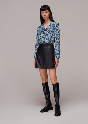 Whistles Fuzzy Leopard Collar Top Blue / Multicolor | US-01427OXAK