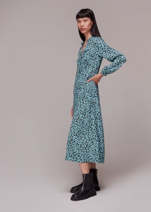 Whistles Fuzzy Leopard Midi Dress Blue / Multicolor | US-14867HBNE