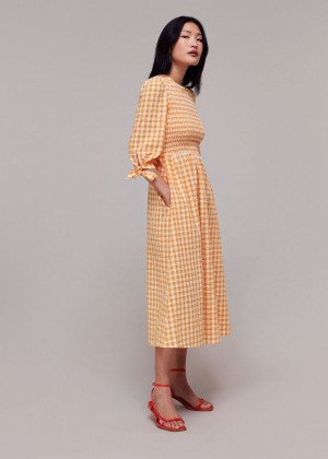 Whistles Gingham Check Shirred Dress Orange / Multicolor | US-09735KRBJ