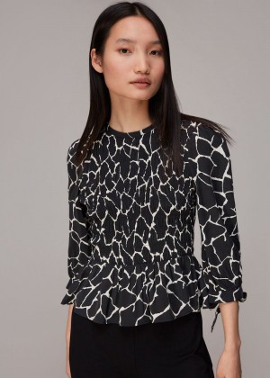 Whistles Giraffe Print Shirred Top Black / White | US-20541ZXHS