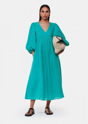 Whistles Gloria Linen Blend Dress Turquoise | US-17254UKXB