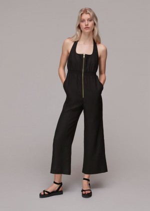 Whistles Halterneck Linen Jumpsuit Black | US-68395RTDQ