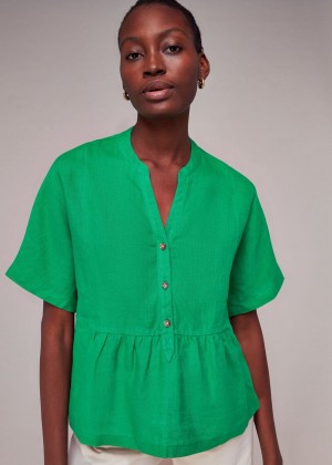 Whistles Hannah Linen Peplum Blouse Green | US-13906XVKT