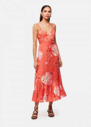 Whistles Hibiscus Print Raffa Dress Coral / Multicolor | US-04638ZEWQ