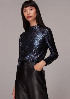 Whistles High Neck Sequin Top Black / Multicolor | US-42738VZPC