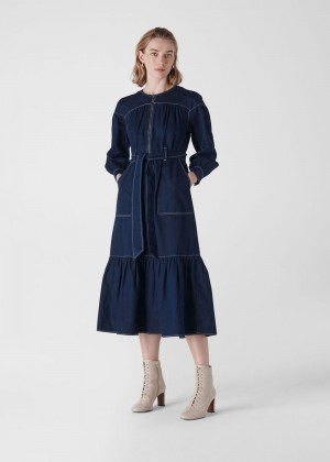 Whistles Hilde Tiered Denim Dress Dark Blue | US-92845SPHY