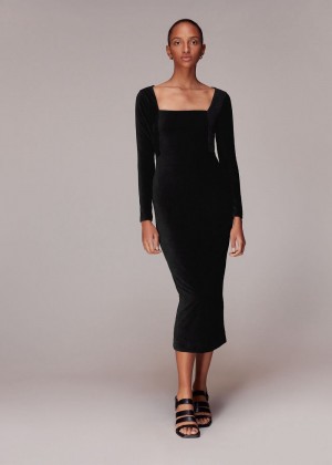 Whistles Jersey Velvet Midi Dress Black | US-10372TYOV